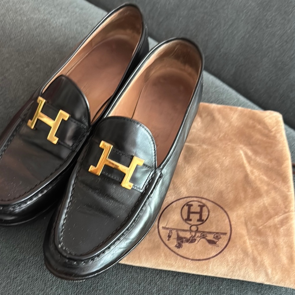 Hermes Black and Gold Loafers with Signature H Hardware